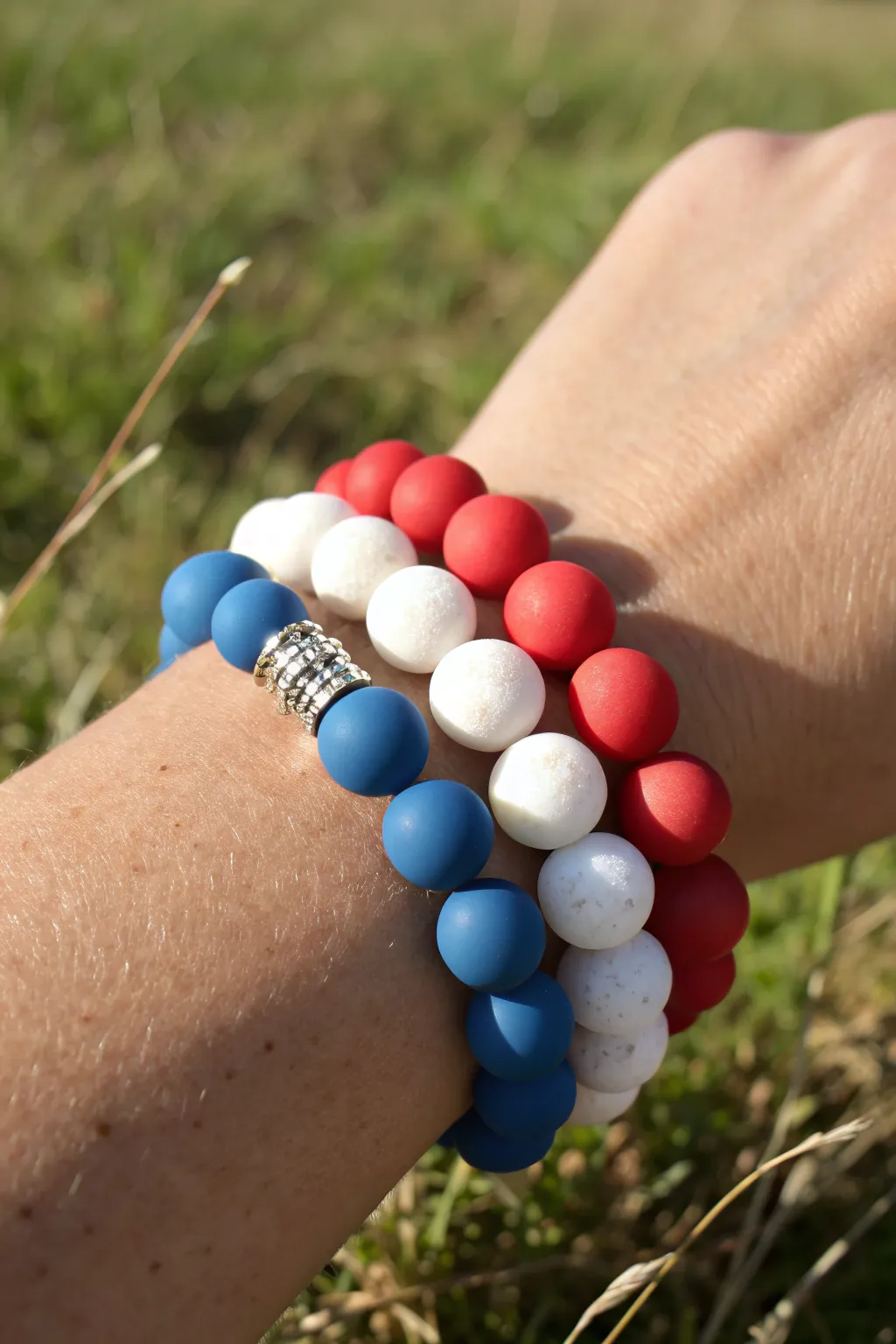 Classic red, white, and blue clay bead stacks with simple metal spacers for an easy 4th of July look.