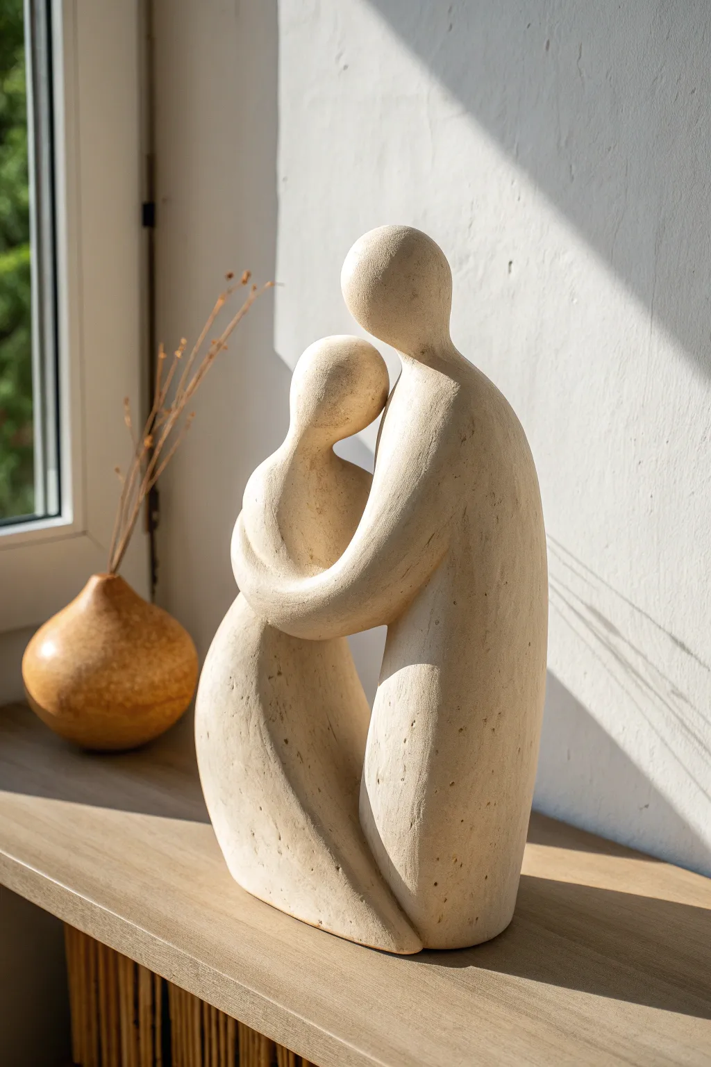 Minimalist merged couple clay sculpture with a soft boho feel, calm silhouette and natural light