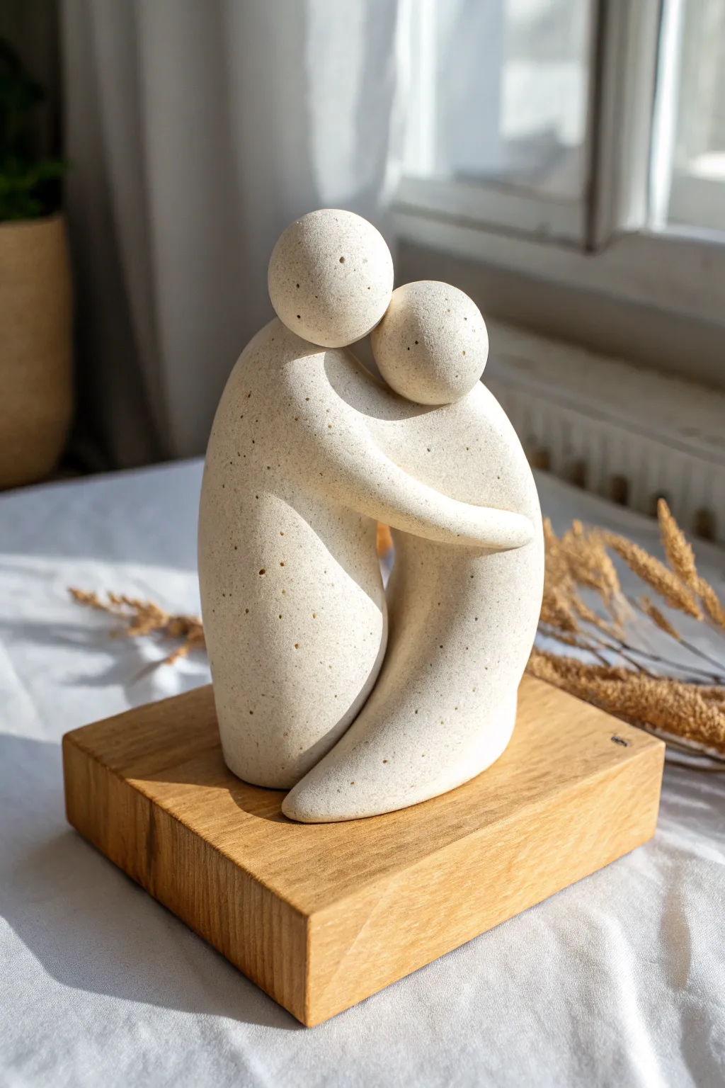 Minimal couple embrace sculpture in matte clay, a cozy abstract form for modern shelves.