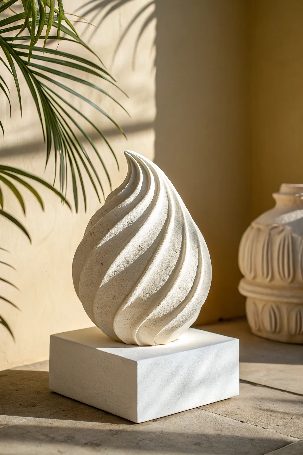 Smooth biomorphic curves in satin clay, a minimalist statement sculpture with soft natural contrast.