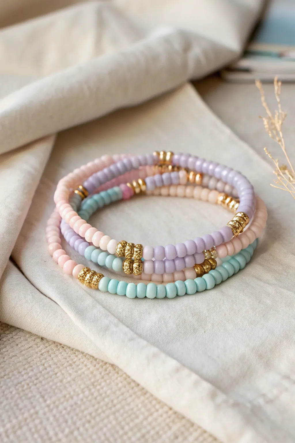 Classic pastel heishi bracelet stack with subtle gold spacers, minimal and softly boho