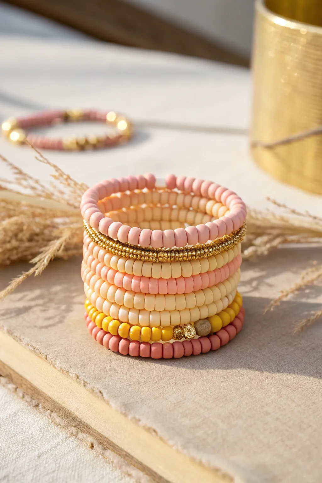 Sunset sherbet gradient heishi bracelet stack with gold spacers, warm minimal boho styling