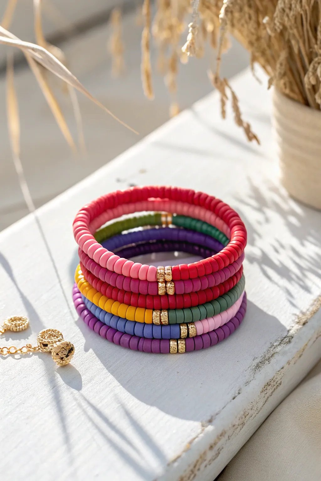 Classic rainbow heishi stack with tiny gold spacers, minimalist and sunlit for a fresh look