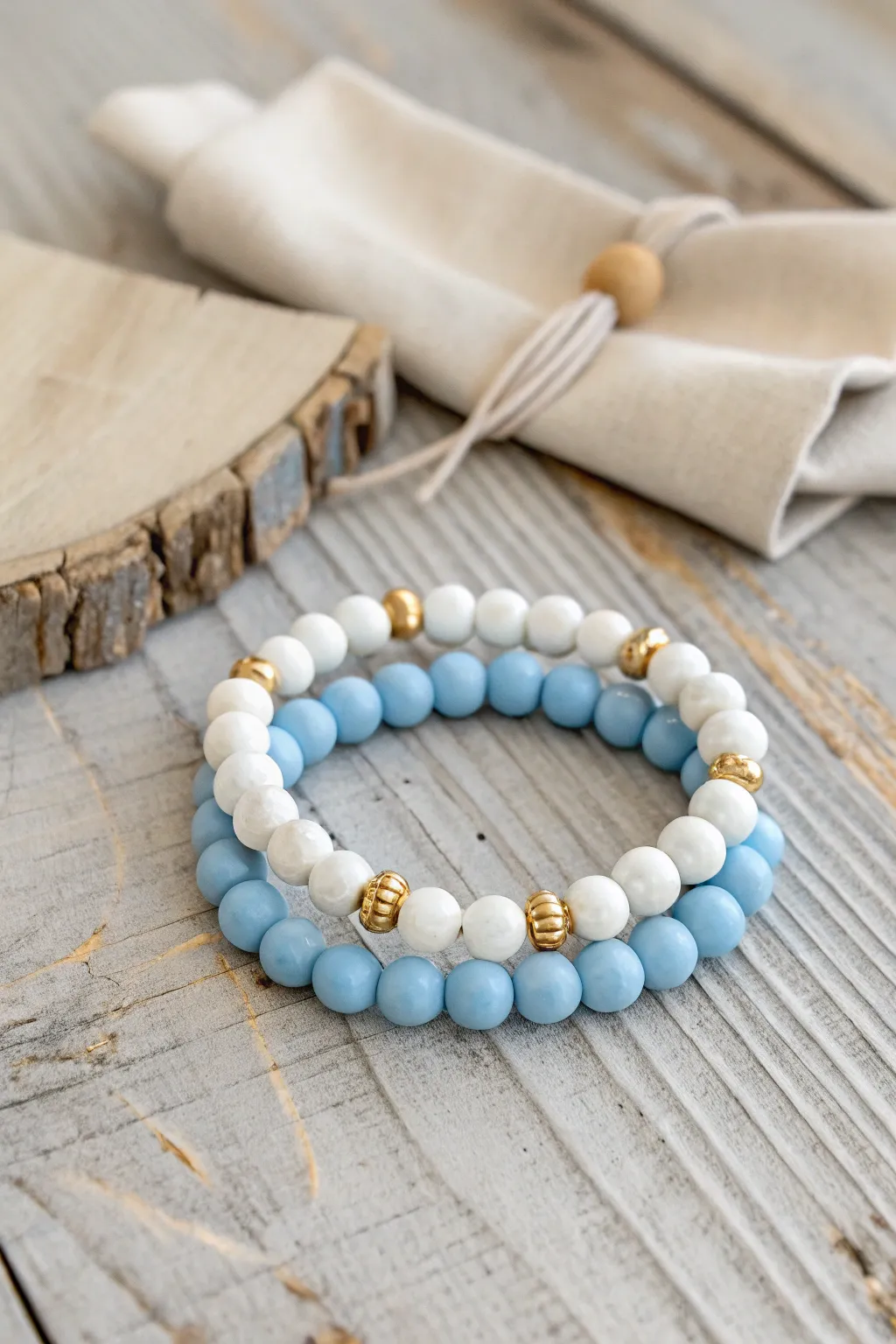 Classic sky blue and white clay bead stack for an effortlessly calm, minimal boho look.