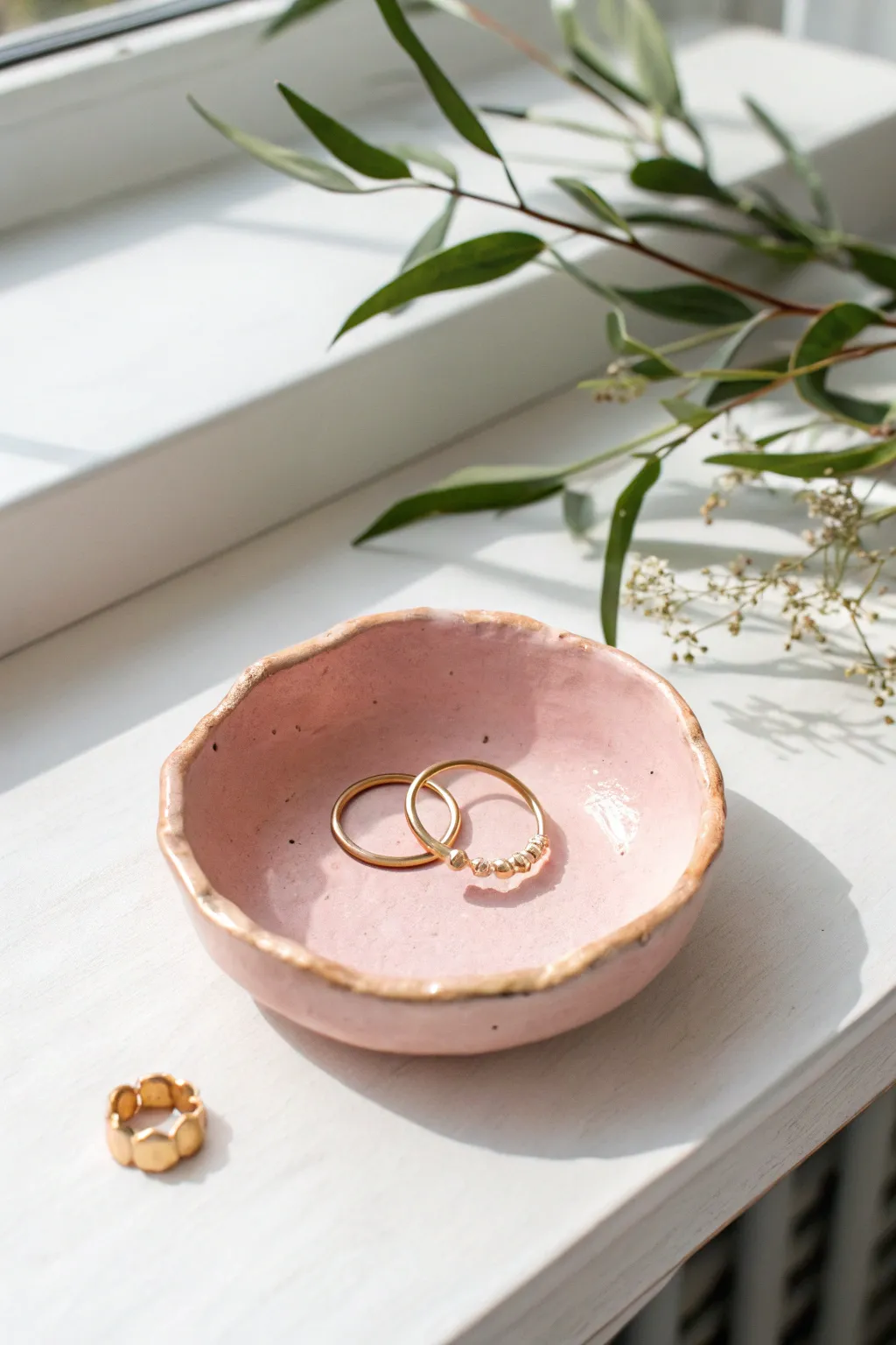 A softly glazed round trinket dish with a few rings and studs for simple, serene styling.