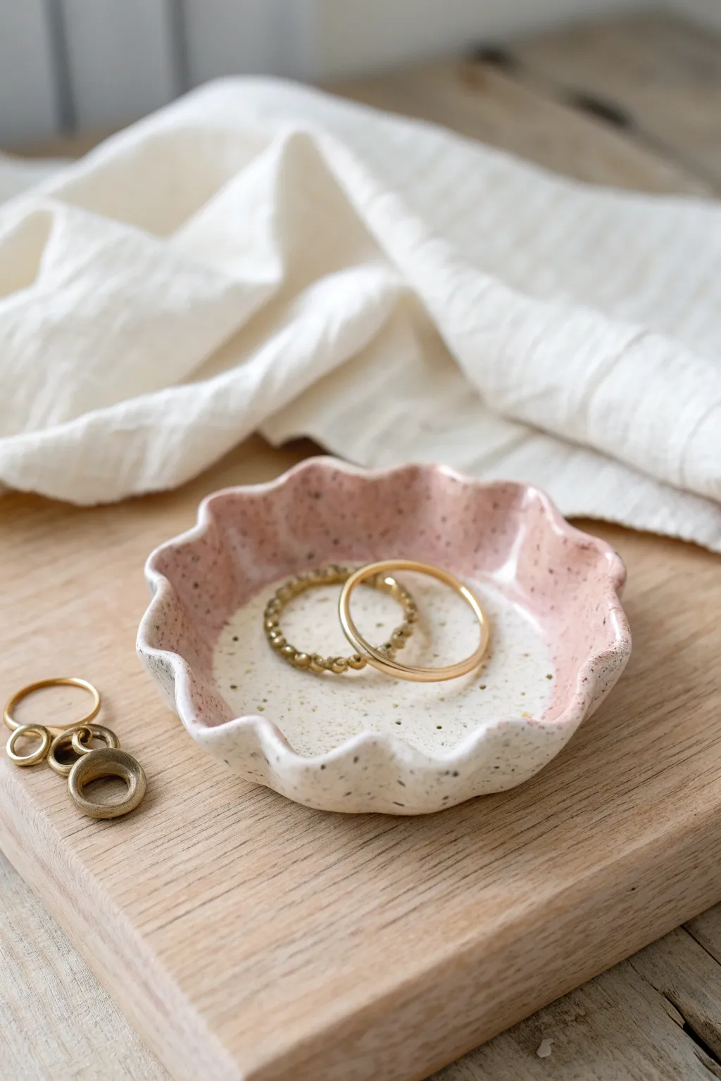 Pastel wavy trinket dish with rings and clips, styled on light wood in soft window light