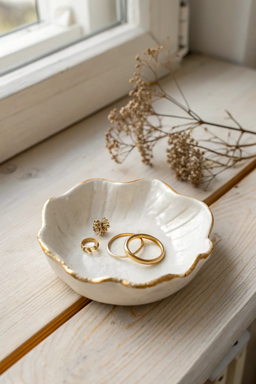 Minimal wavy white clay trinket dish with a fine gold rim, styled simply on light wood.