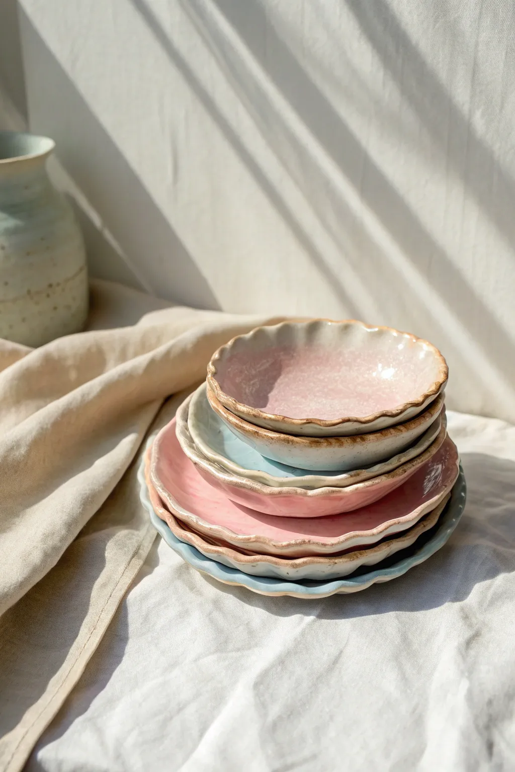 Pastel wavy-rim plates stacked in soft light, minimalist styling with a handmade touch