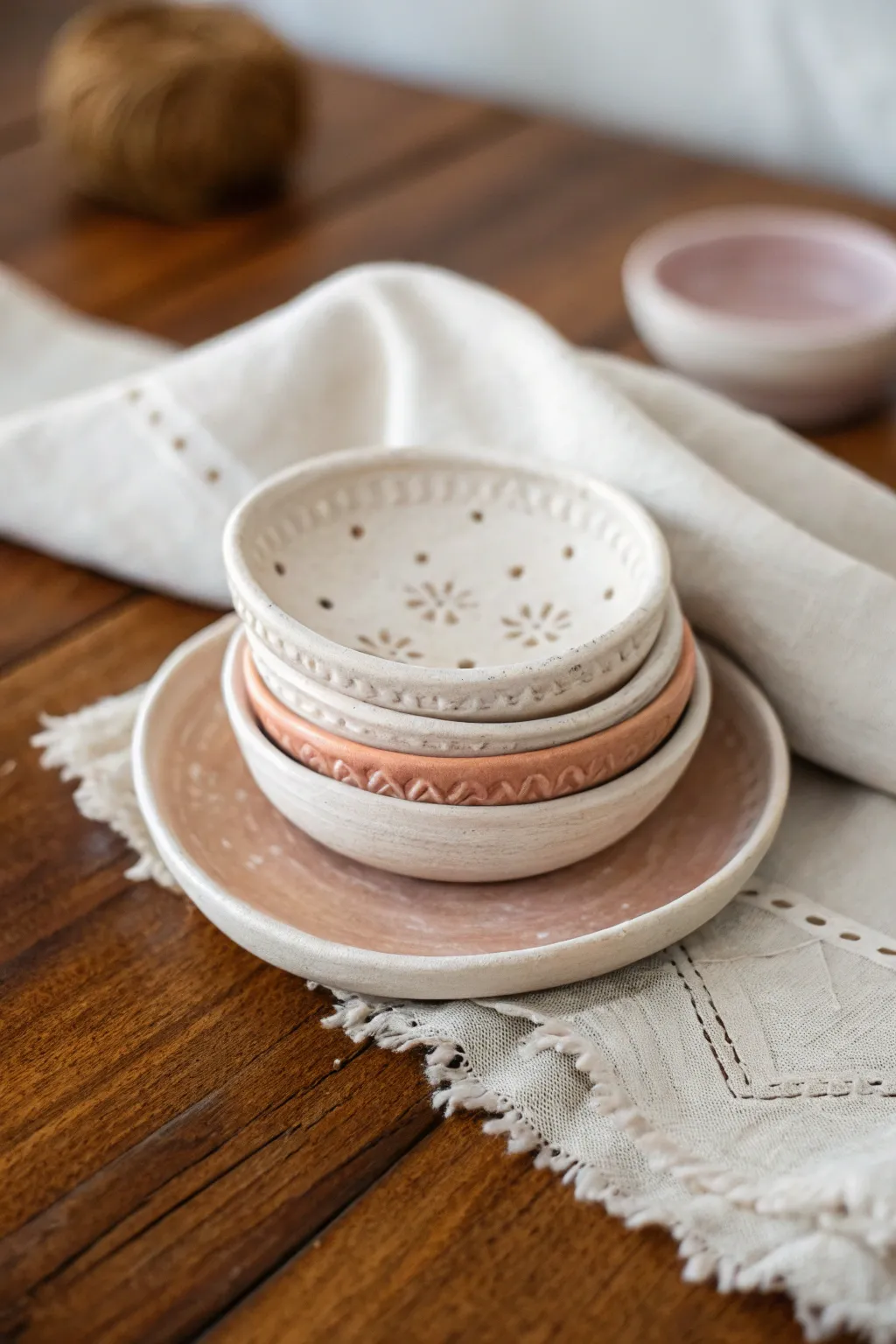 Simple textured air-dry clay trinket dishes in soft neutrals for a calm boho vanity.
