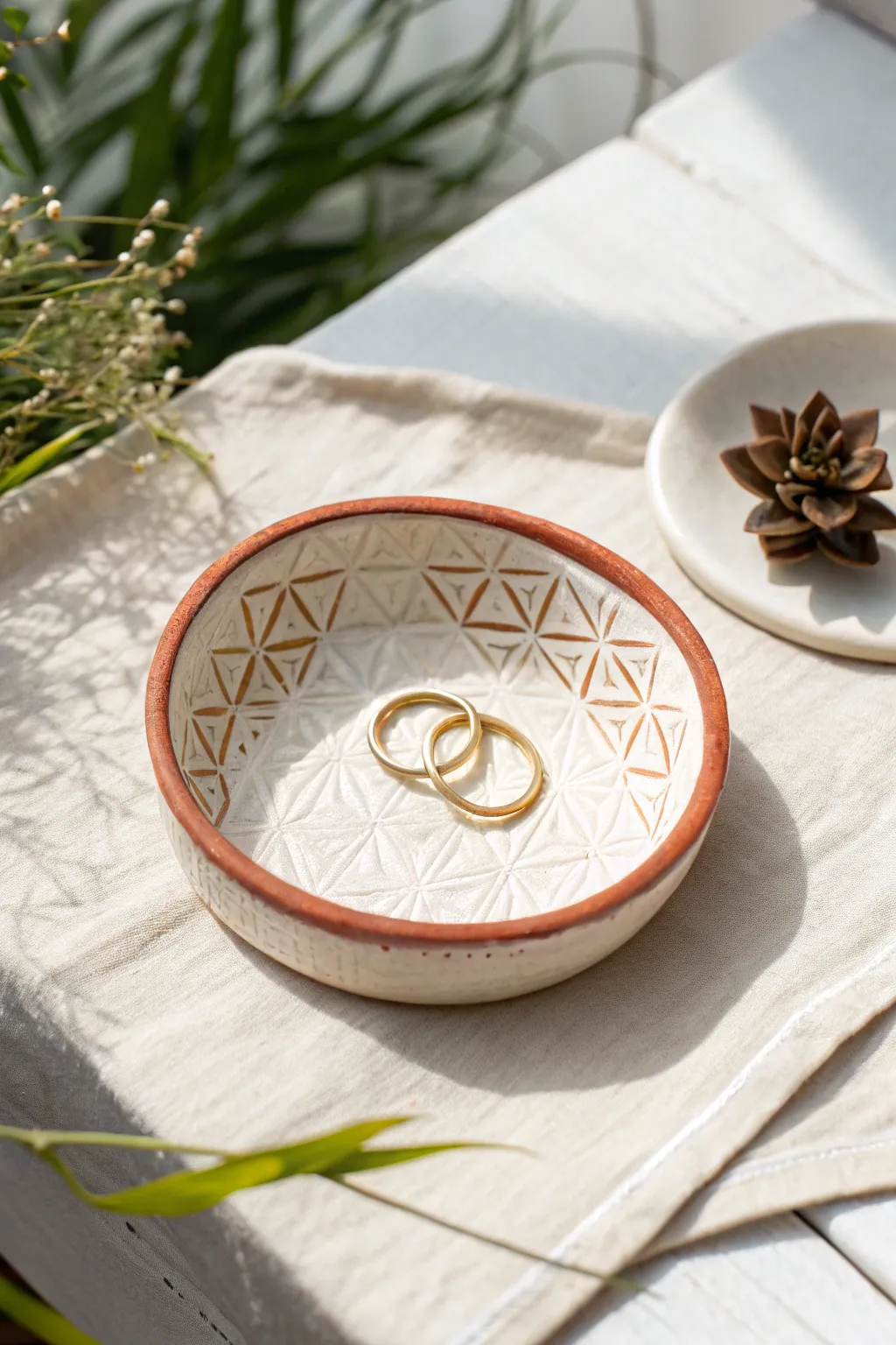 Minimal air-dry clay trinket dish with stamped pattern and painted rim, styled with rings.