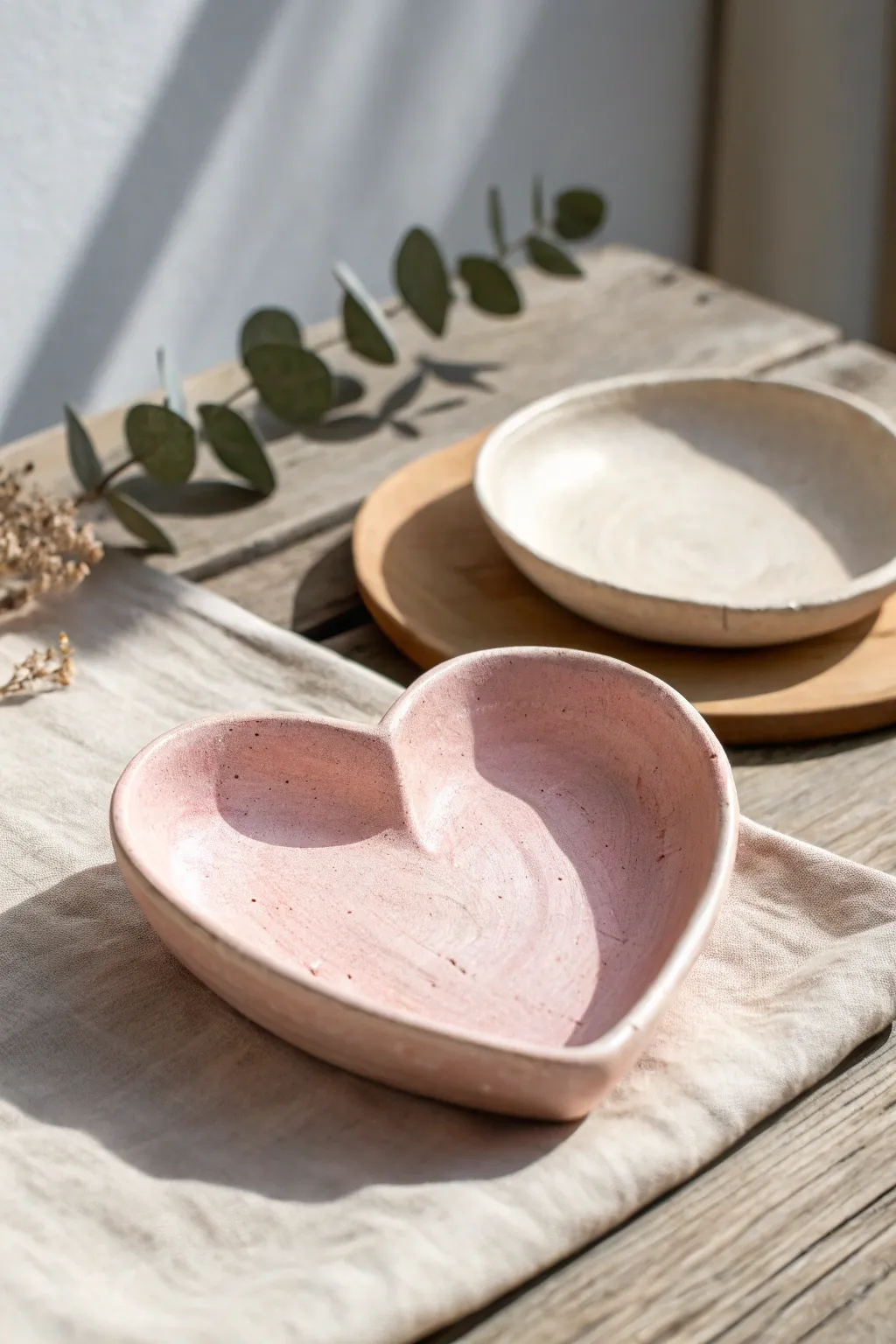 Matching air-dry clay trinket dishes for a sweet date night craft, simple, modern, and cozy