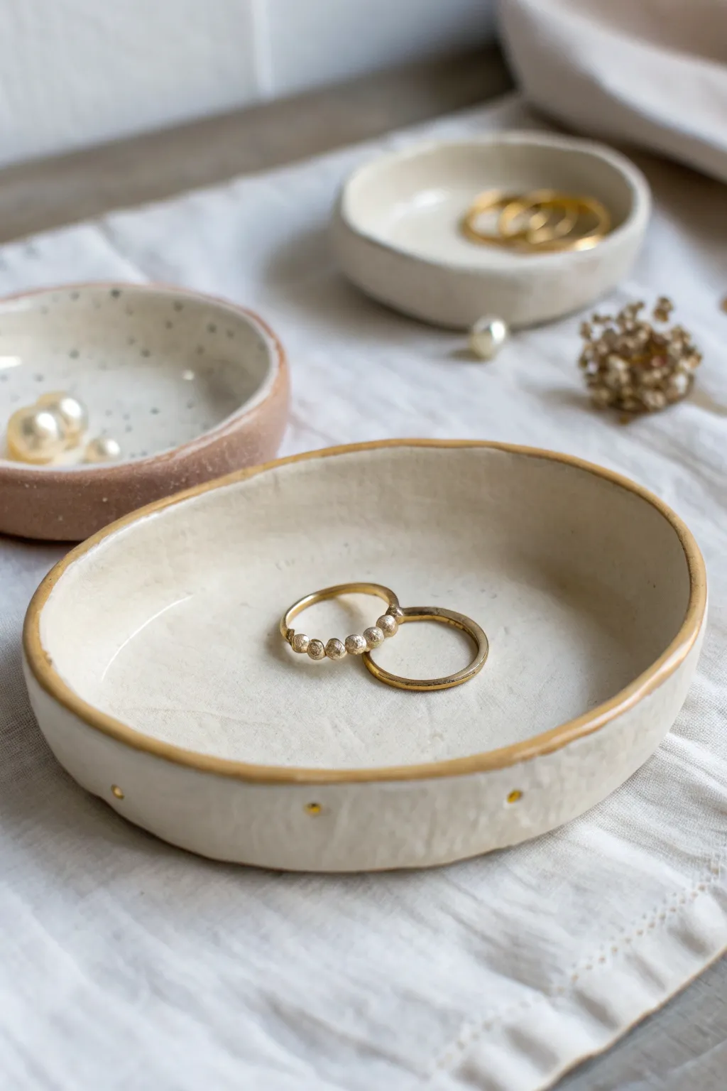 Minimal air-dry clay trinket dish in soft neutrals, perfect for rings and earrings.