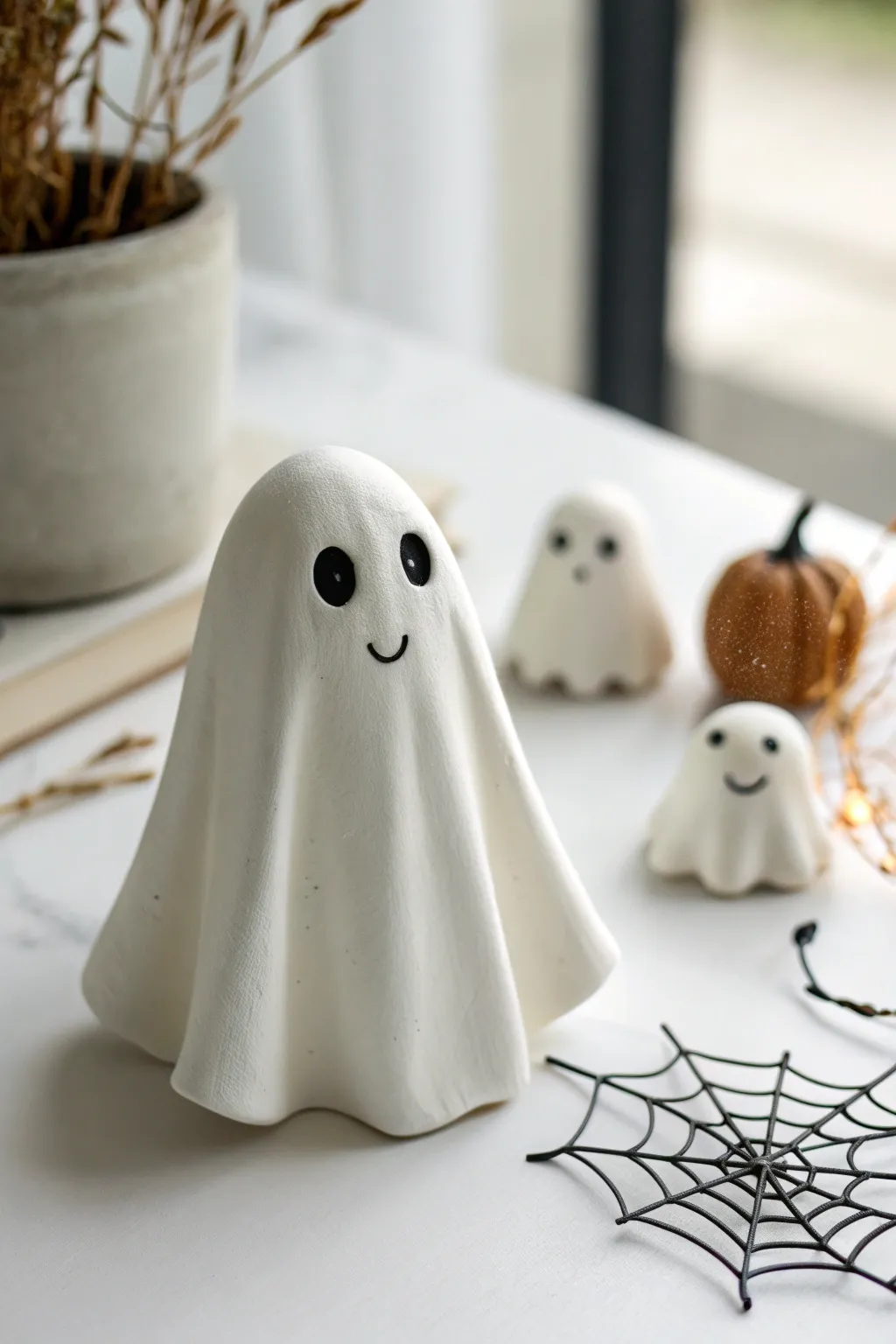 Classic air-dry clay sheet ghost with a sweet face, minimalist boho styling, and crisp contrast