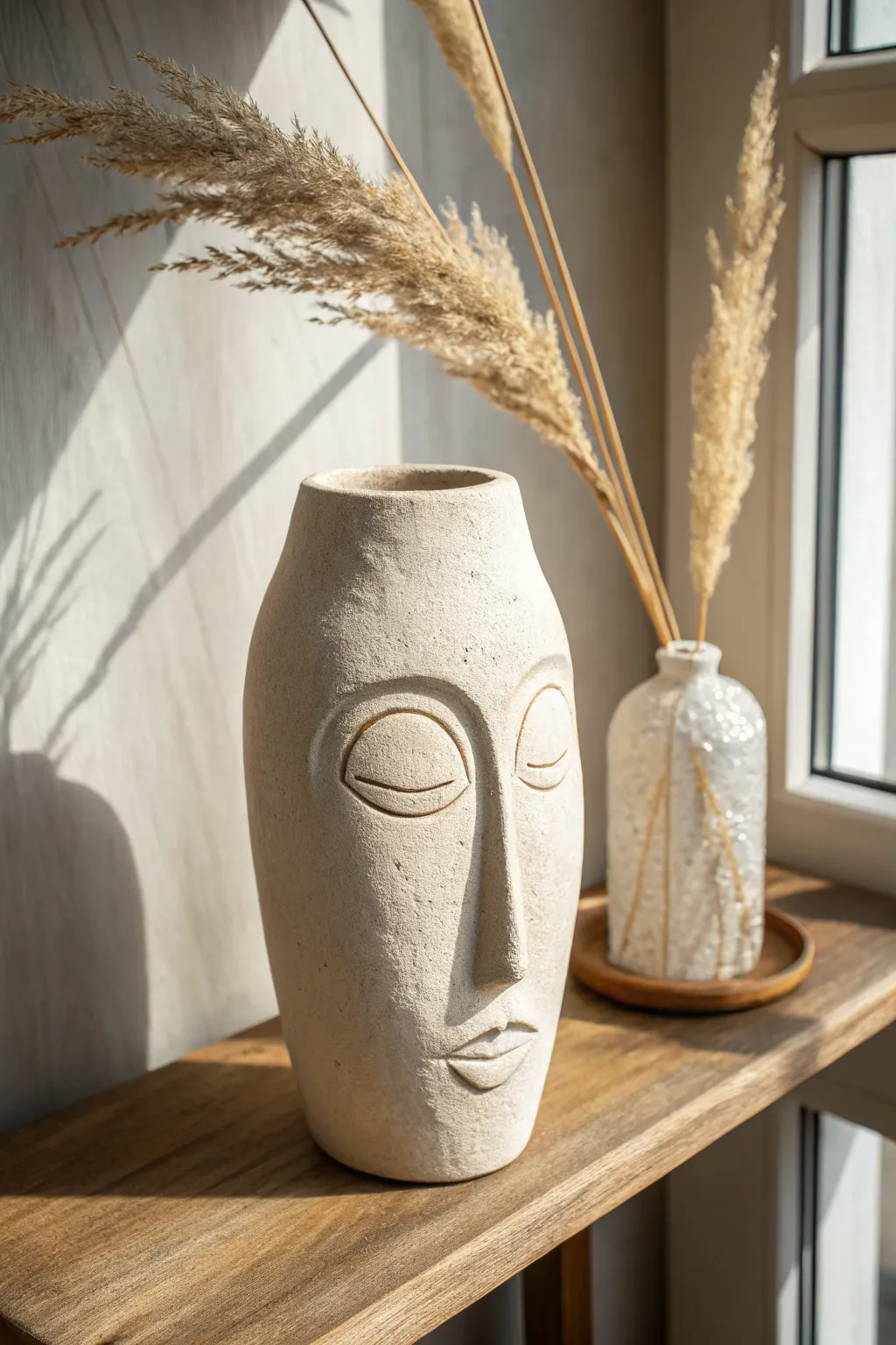 Minimalist air clay face vase in matte off-white, styled with dried stems for a calm boho look