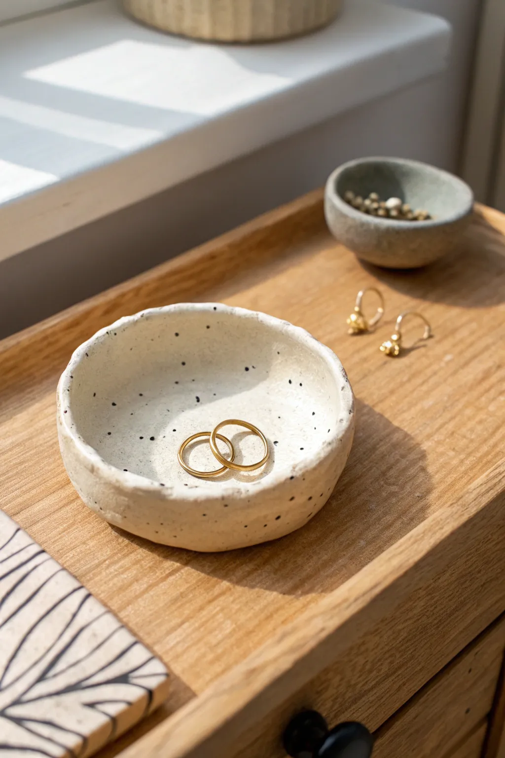 Minimal speckled air dry clay trinket dish to keep rings and earrings beautifully corralled