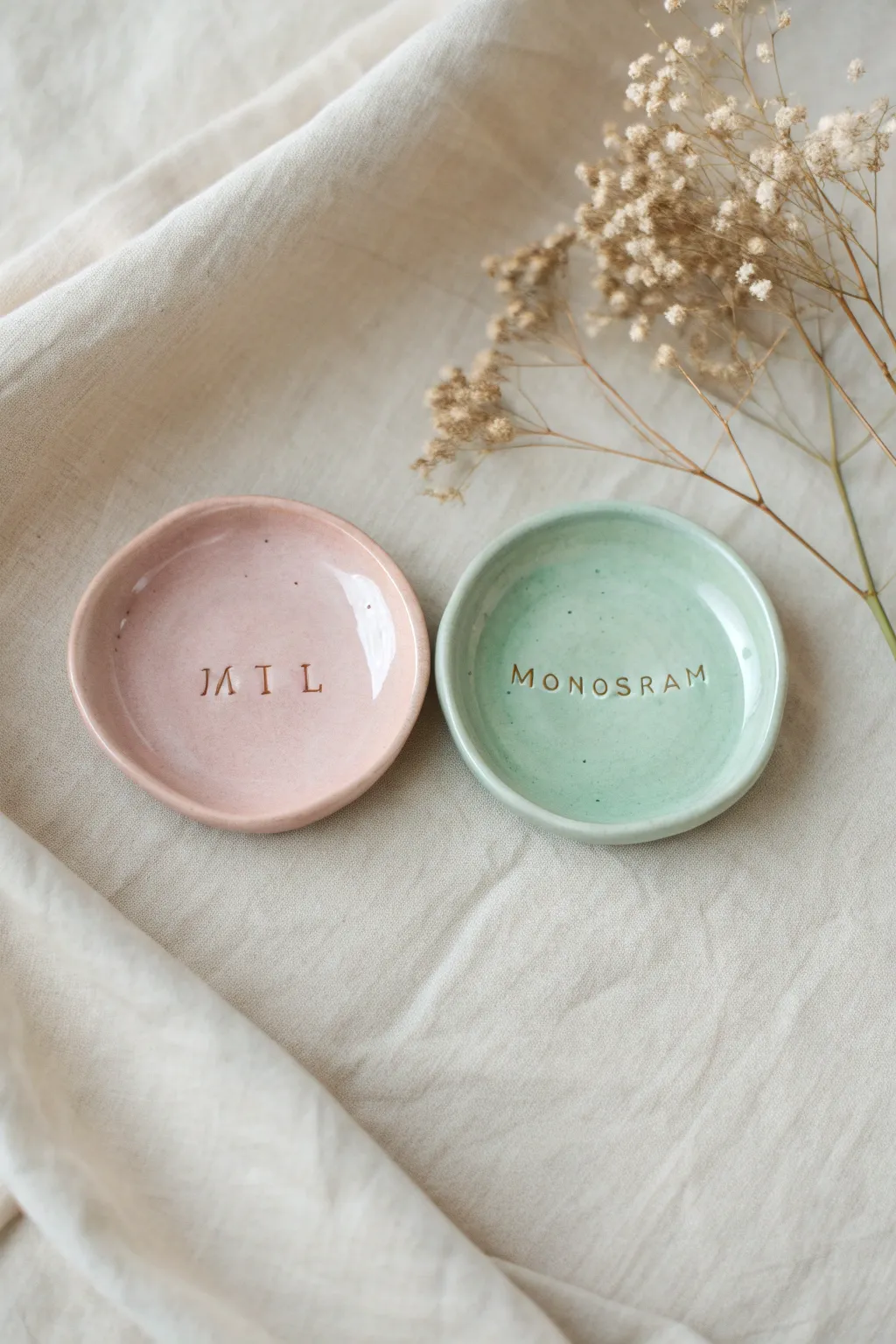 Glossy matching trinket dishes with pressed initials in blush and sage, an easy clay date idea