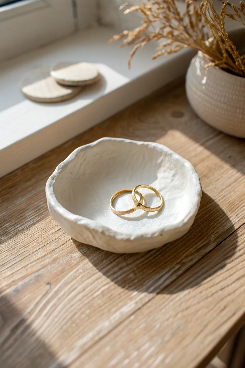 Minimalist air dry clay trinket dish with soft pinched edges, easy to make and beautifully polished