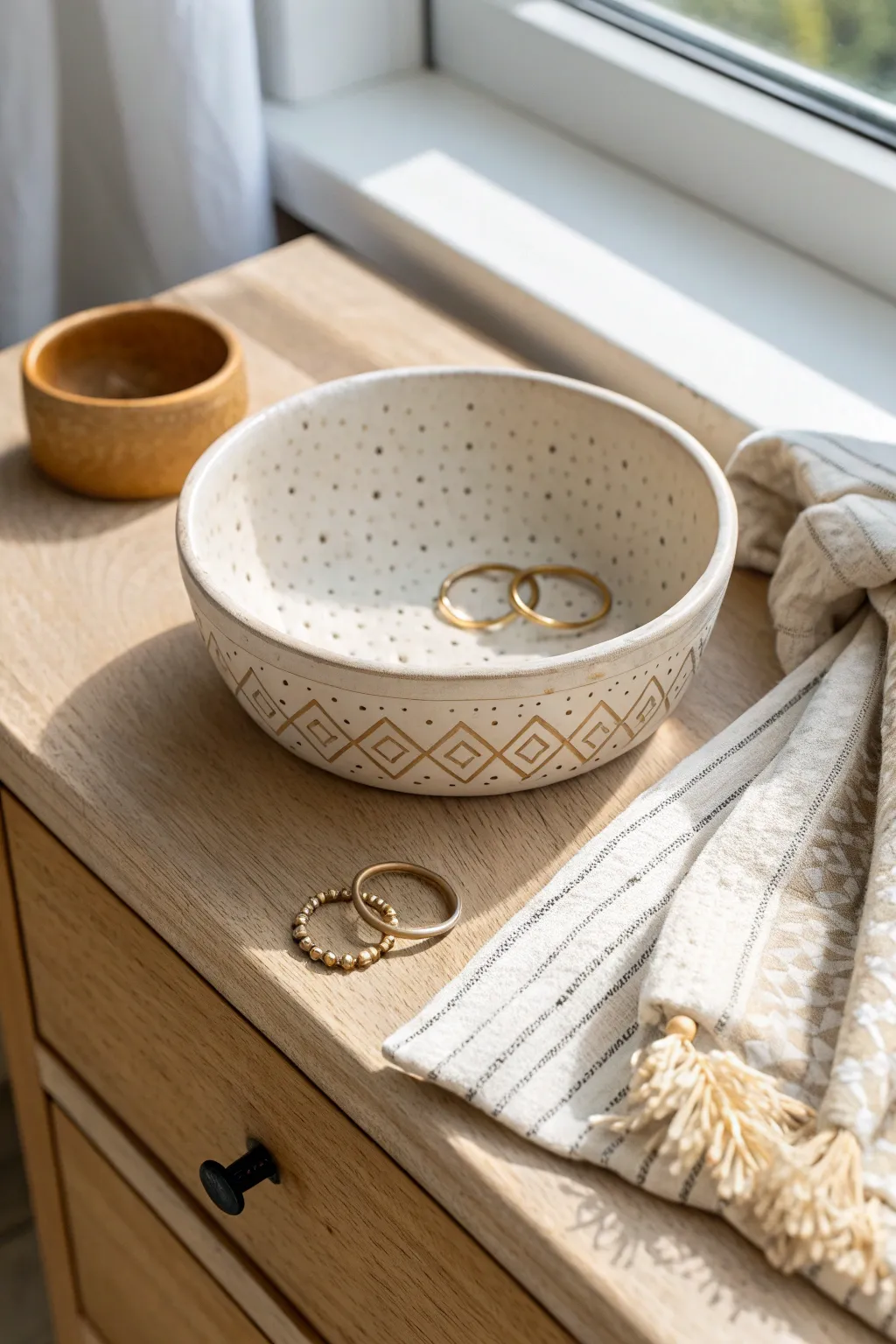 Classic stamped air dry clay trinket bowl, minimal and warm, perfect for rings and earrings.