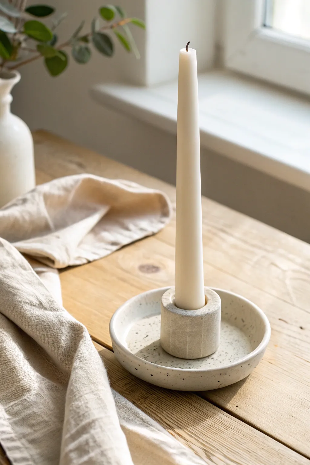 Classic air dry clay taper holder in matte off white, styled simply for calm Scandinavian vibes