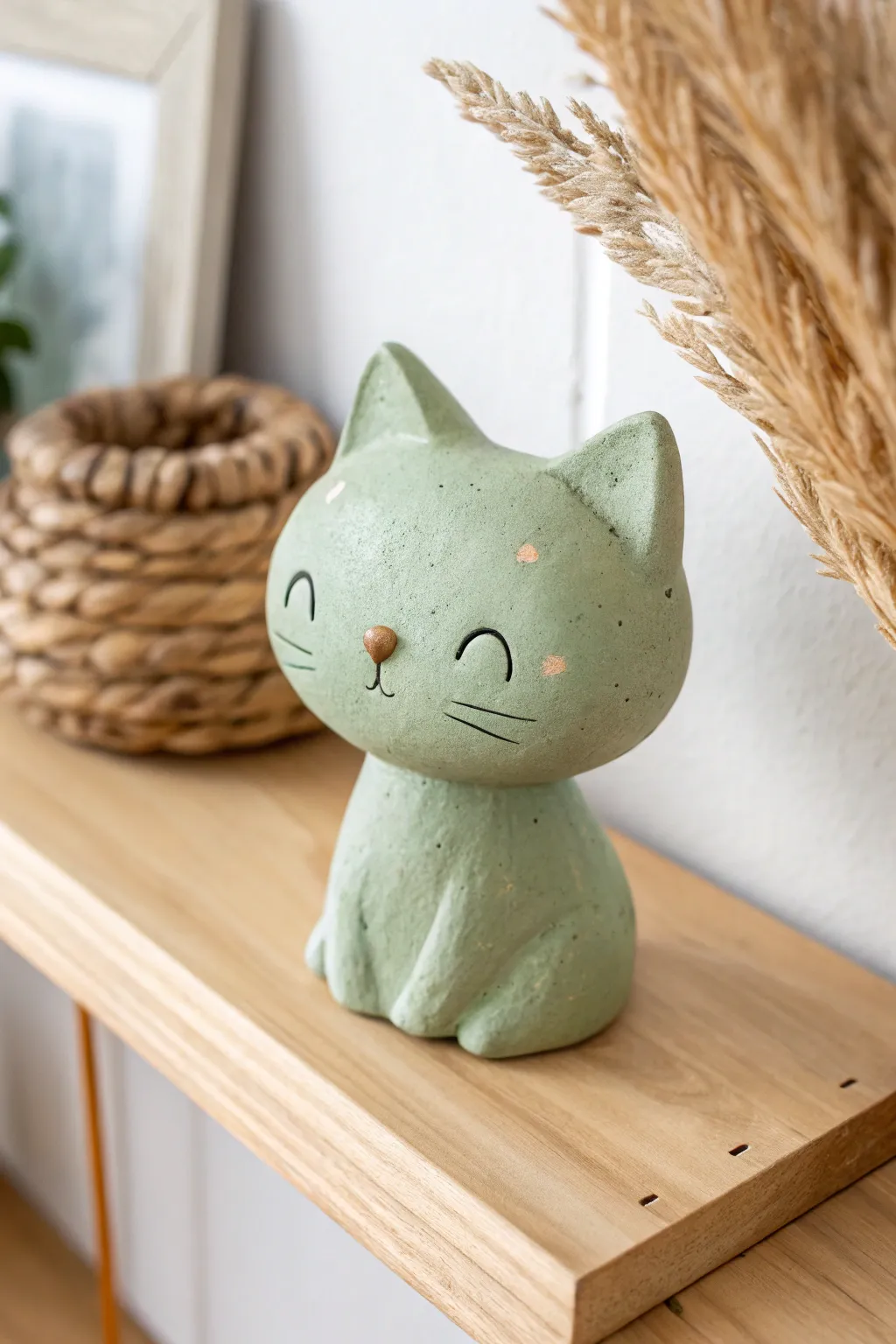 Chibi pastel air-dry clay cat figurine on a wooden shelf, sweet and minimal Scandi-boho charm.