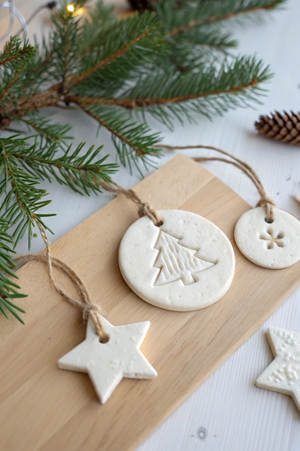 Minimal air dry clay cookie-cutter ornaments in matte white with twine, perfect for a cozy Nordic tree.