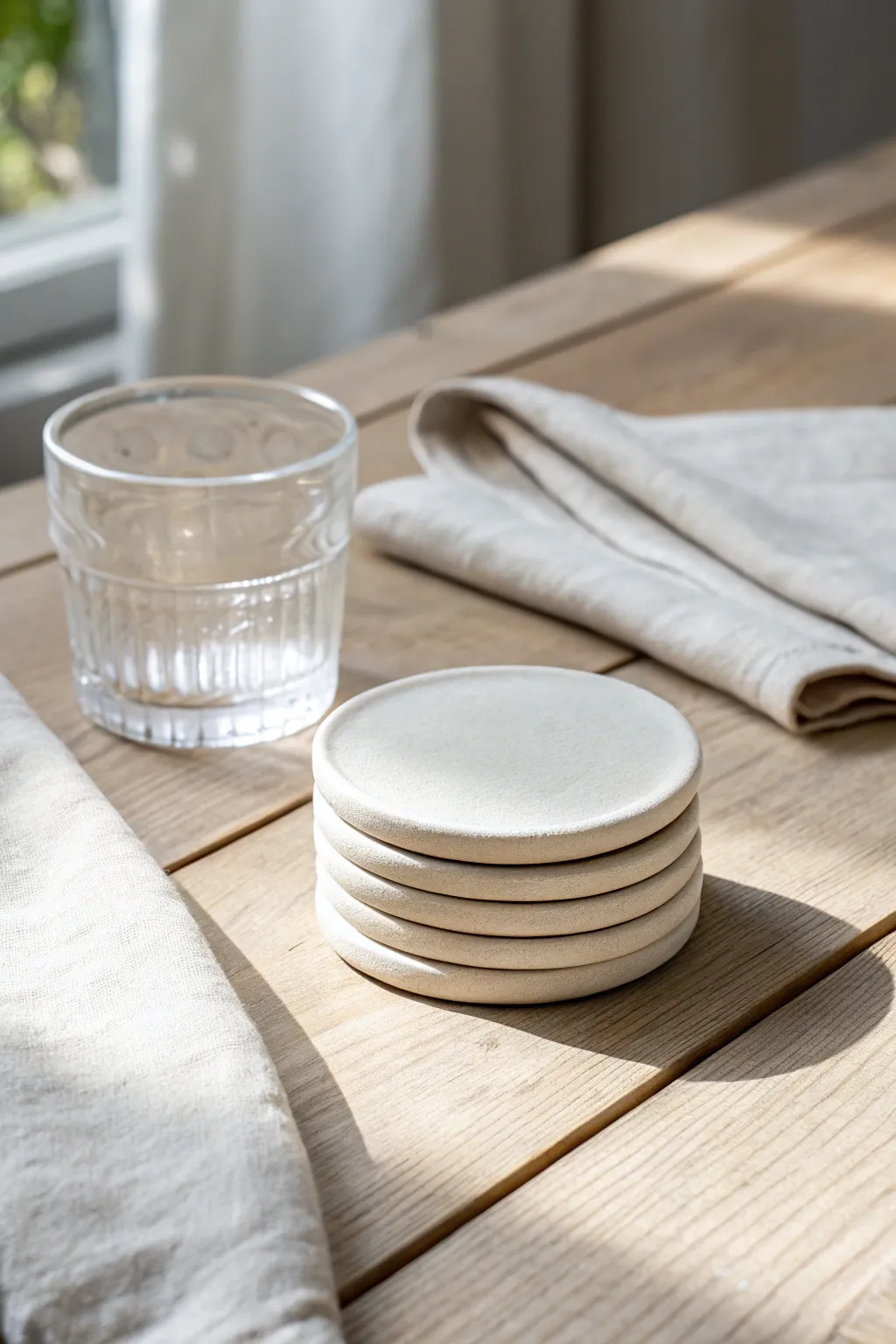 Classic round air dry clay coasters with a matte finish, styled on light wood with soft shadows