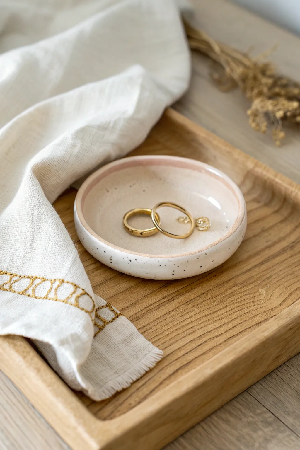 Minimalist air dry clay trinket dish in soft neutrals, perfect for rings and everyday keys.