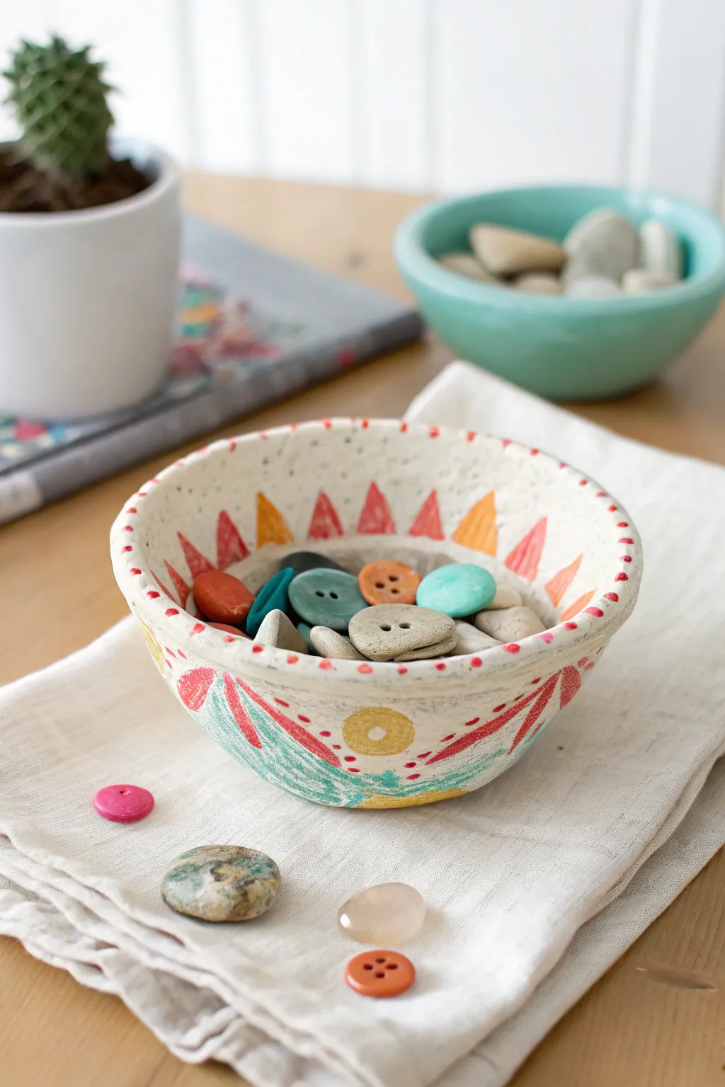 Bright hand-painted air dry clay pinch pot treasure bowl, perfect for kid-made keepsakes
