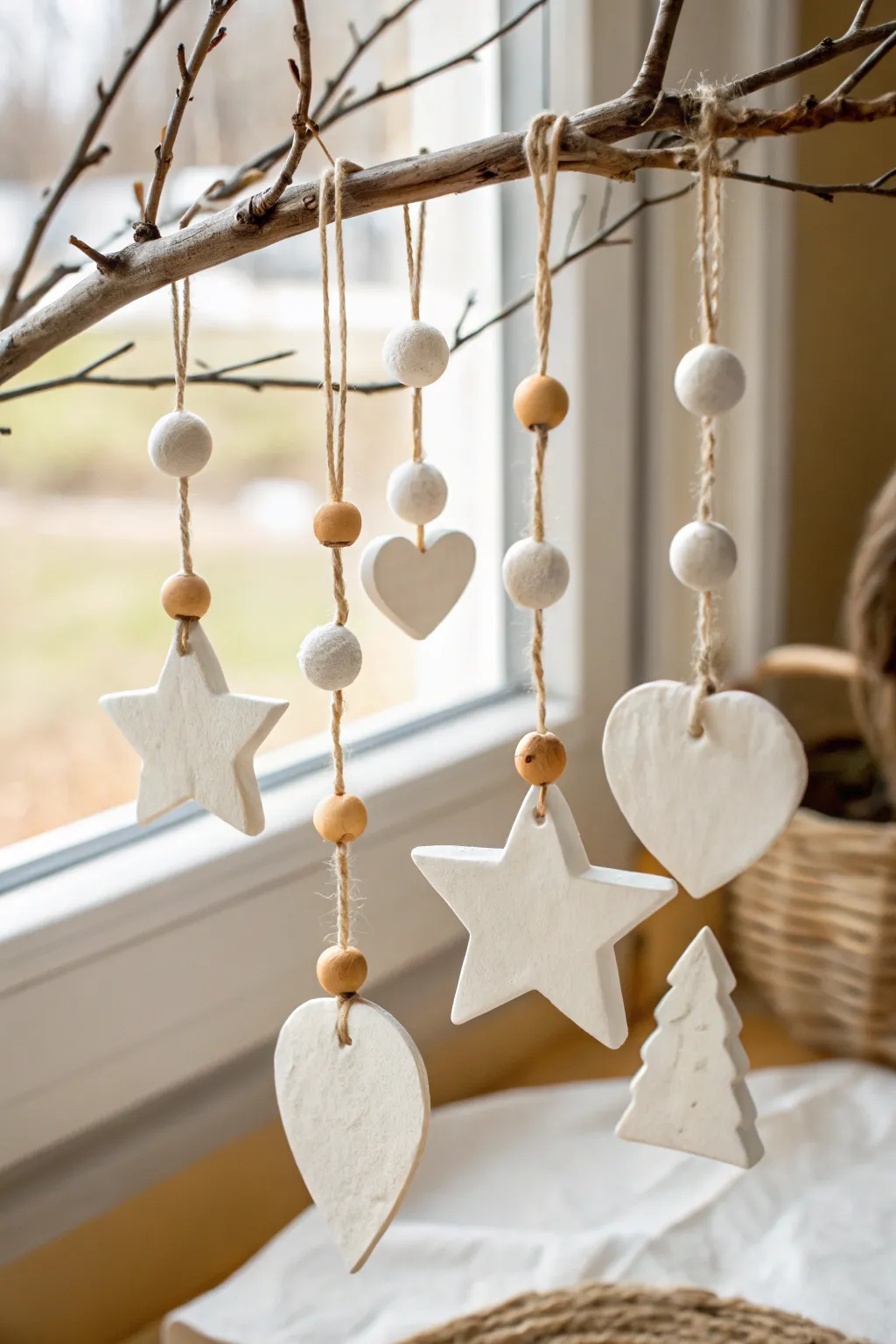 Minimalist air dry clay hanging ornaments with twine and wooden beads for calm, natural decor
