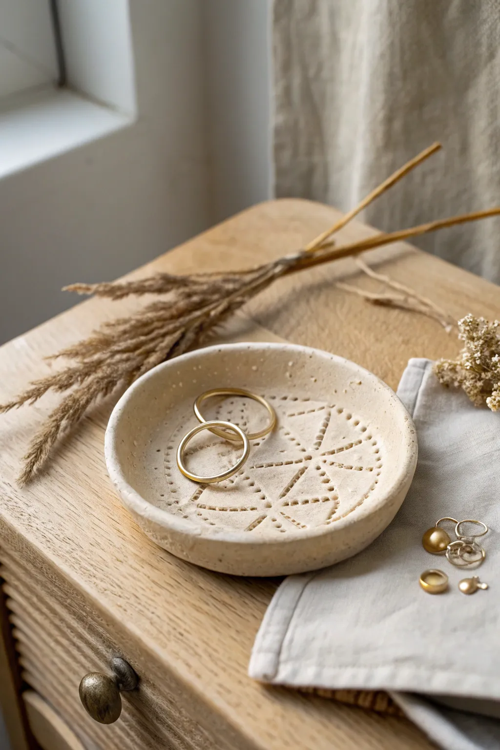 Stamped air dry clay trinket dish in warm neutrals, perfect for rings and hair pins.