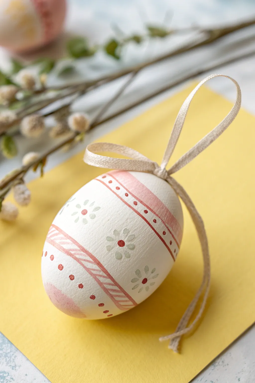Pastel air-dry clay egg ornament with simple stripes and ribbon, a minimal Easter touch.