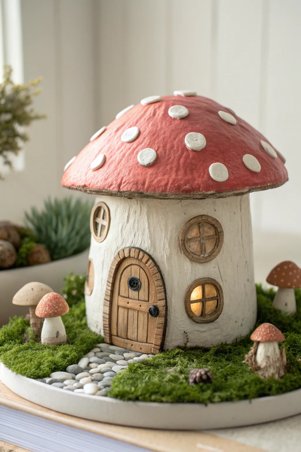 Classic mushroom cottage fairy house in air dry clay, cozy details on mossy forest floor.