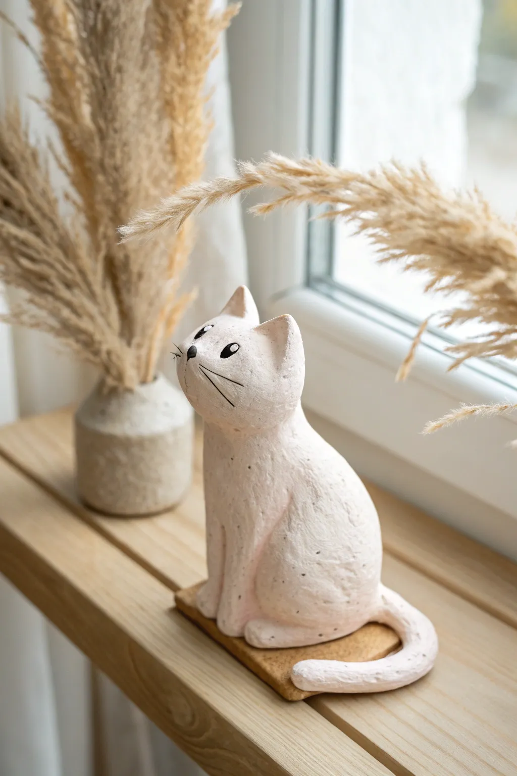 Tiny air dry clay cat figurine on a warm wood shelf, minimal and cozy Scandinavian boho