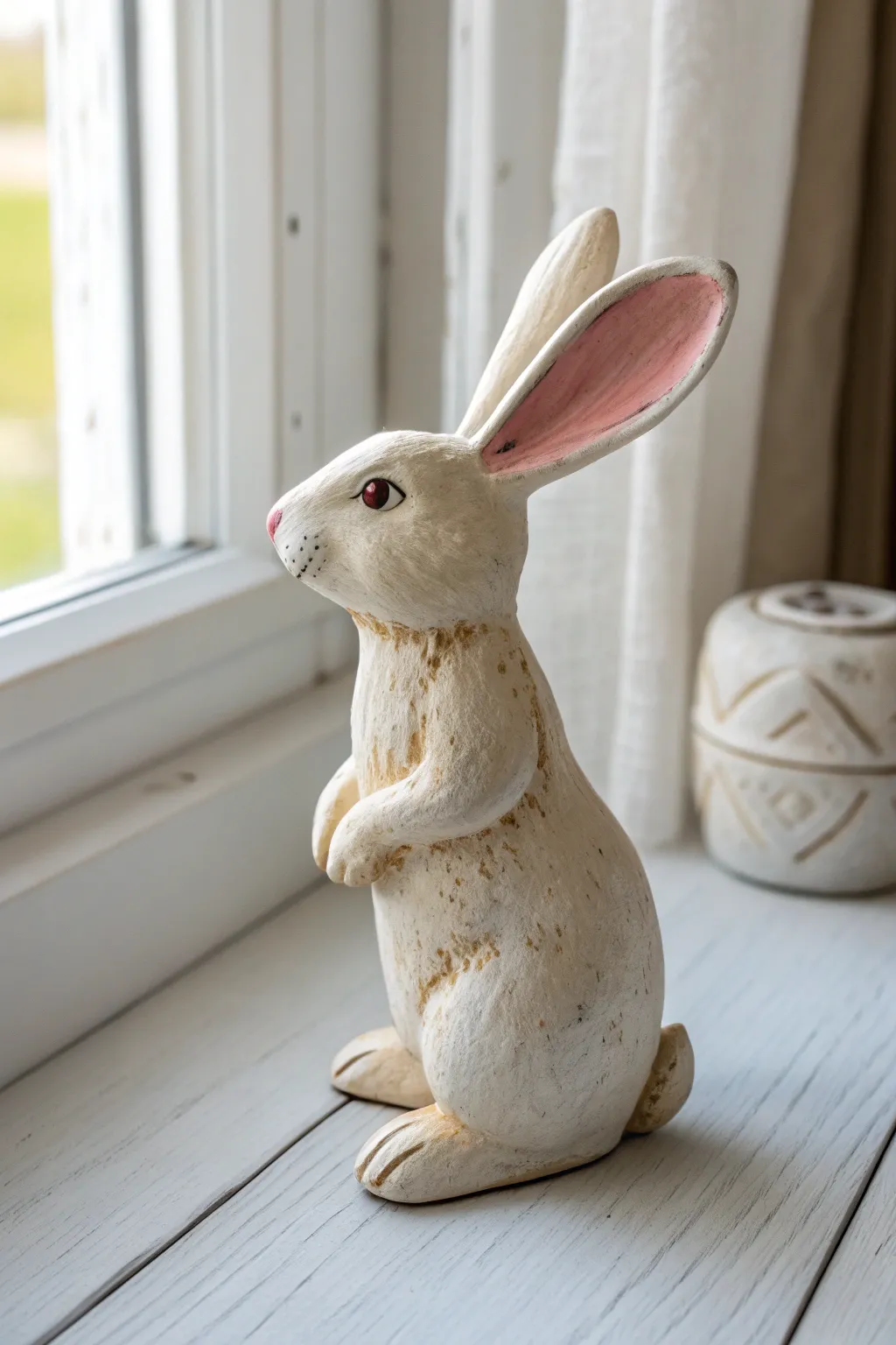Simple sitting bunny figurine in soft neutrals, a sweet air dry clay idea for beginners