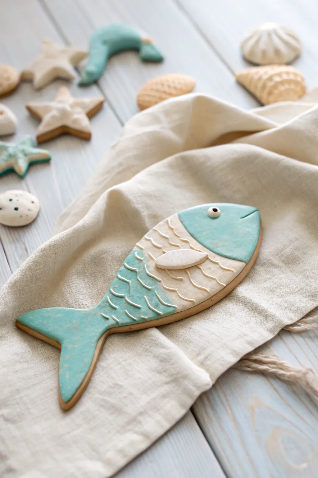 Minimal ocean toned air dry clay fish cutouts, perfect flat silhouettes for easy DIY decor.