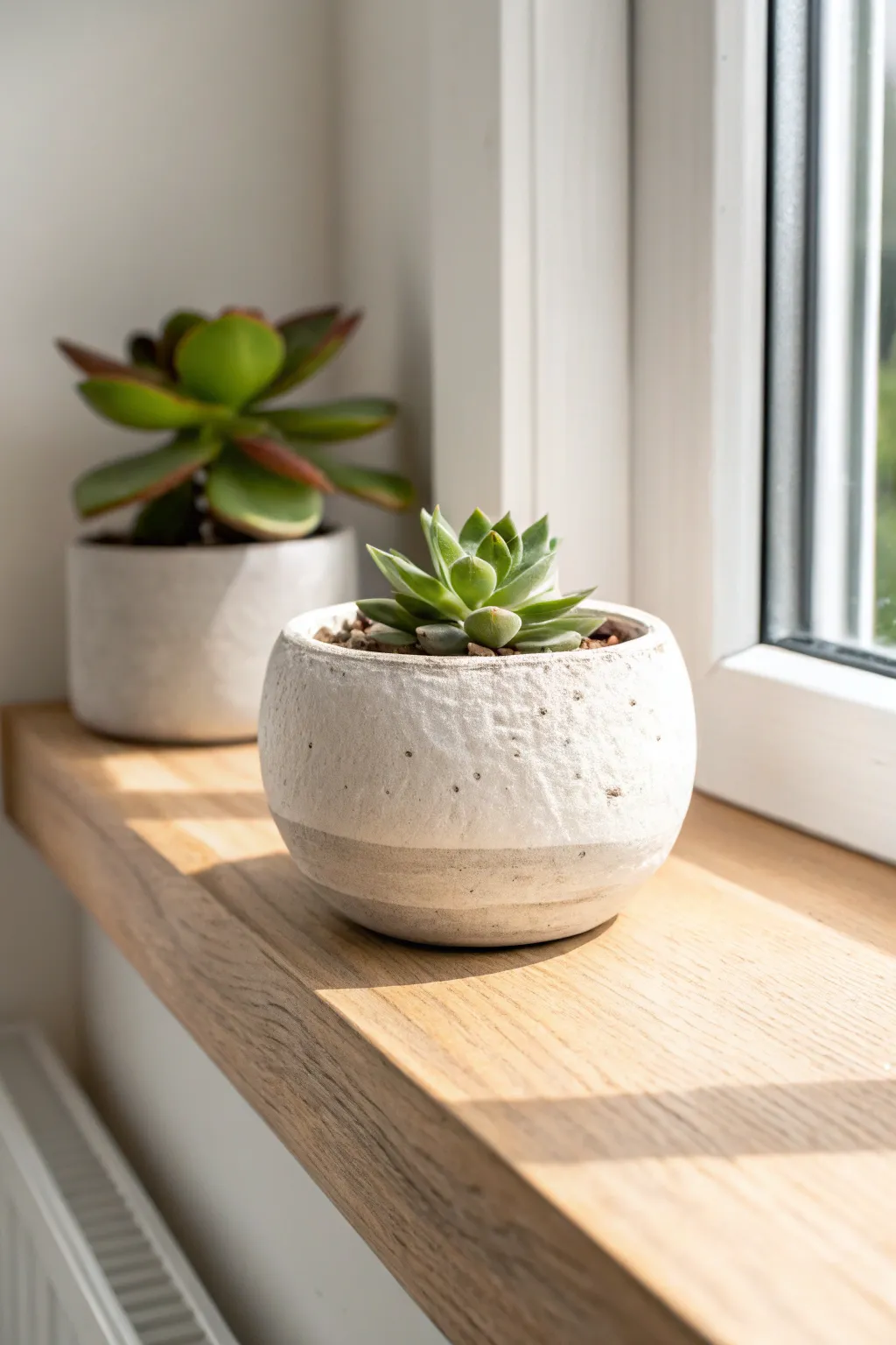 Classic matte white pinch pot mini planter with a fresh succulent, sunlit and serene.