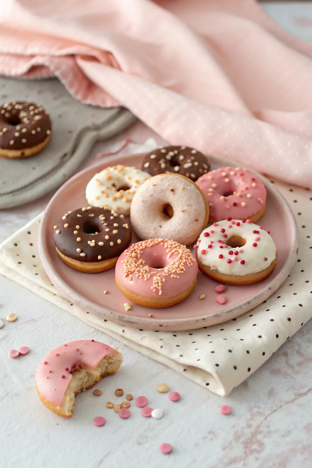 Sweet air-dry clay mini donuts with icing and chunky sprinkles in a soft pastel flat-lay