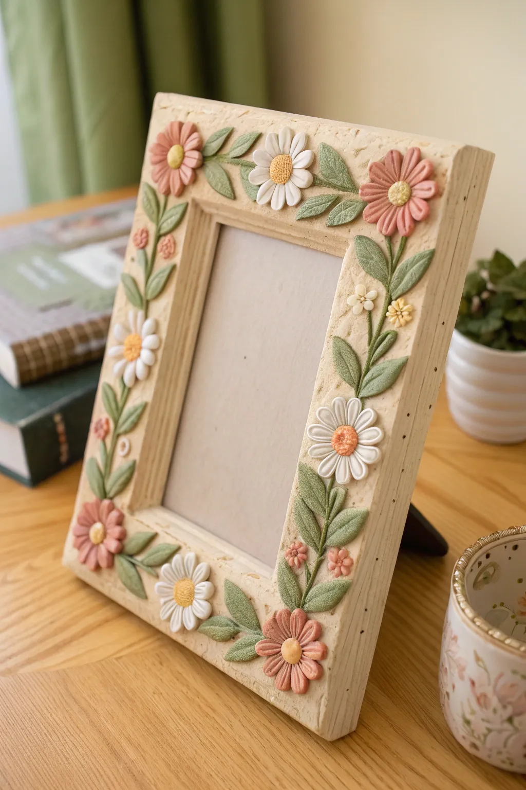 Classic flower garland air dry clay frame with soft pastels and crisp, handmade texture