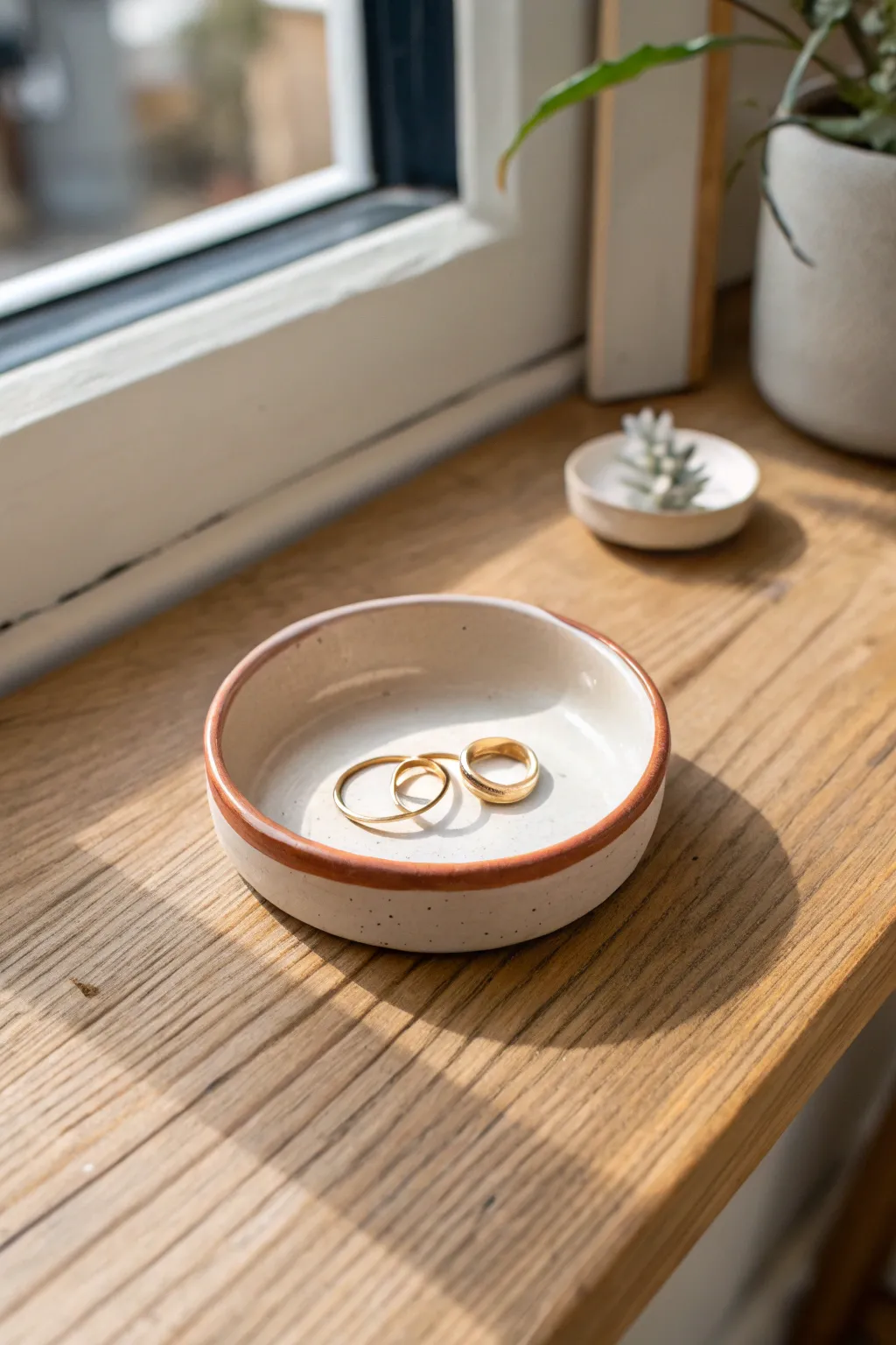 Simple air dry clay trinket dish with a painted rim, perfect for gifting and everyday jewelry