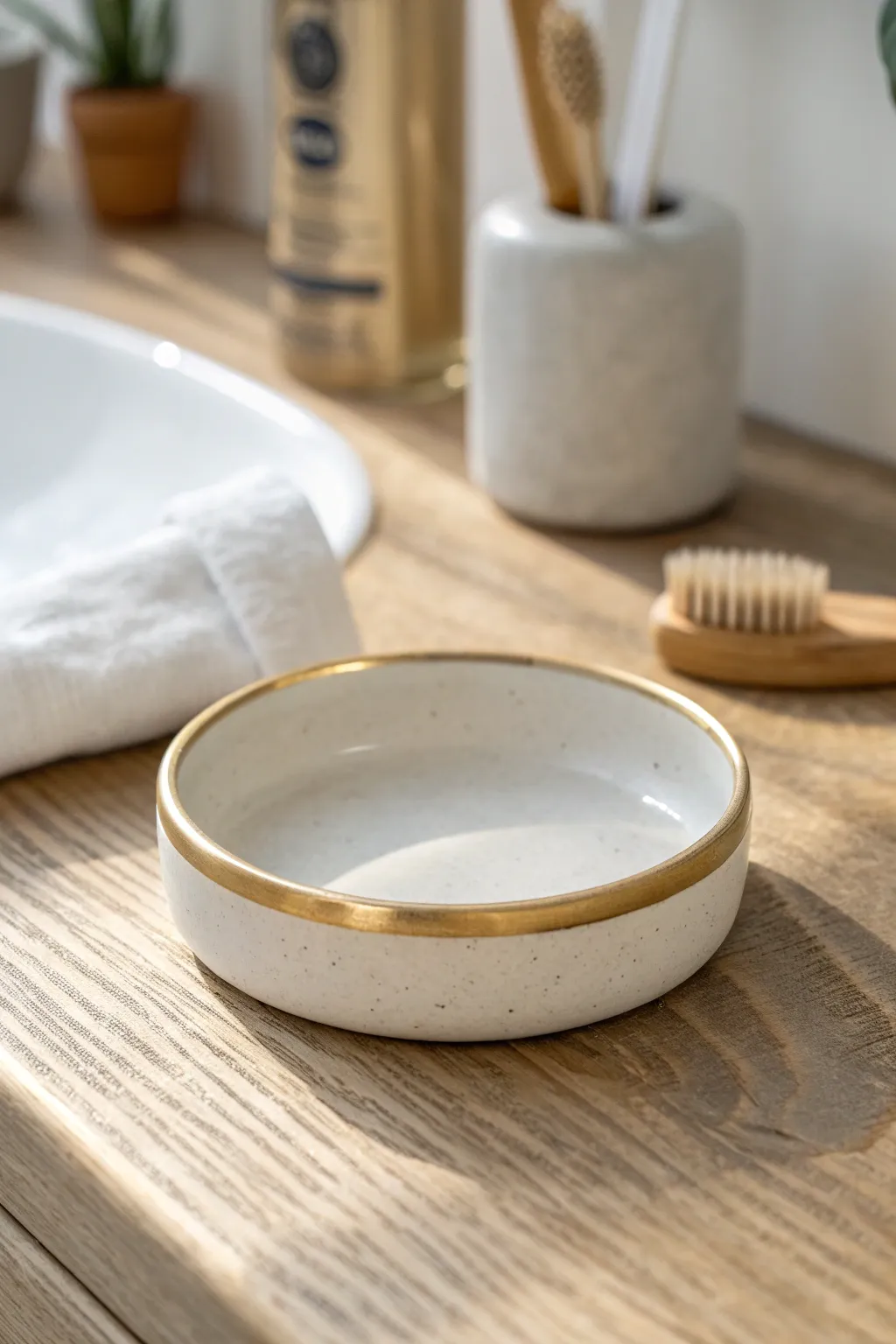 Minimalist air dry clay ring dish with a metallic rim, a chic handmade gift for adults
