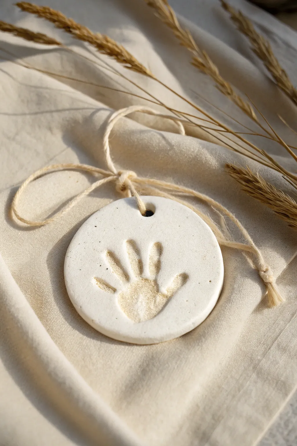 Minimalist air dry clay round handprint ornament with linen ribbon, timeless keepsake.