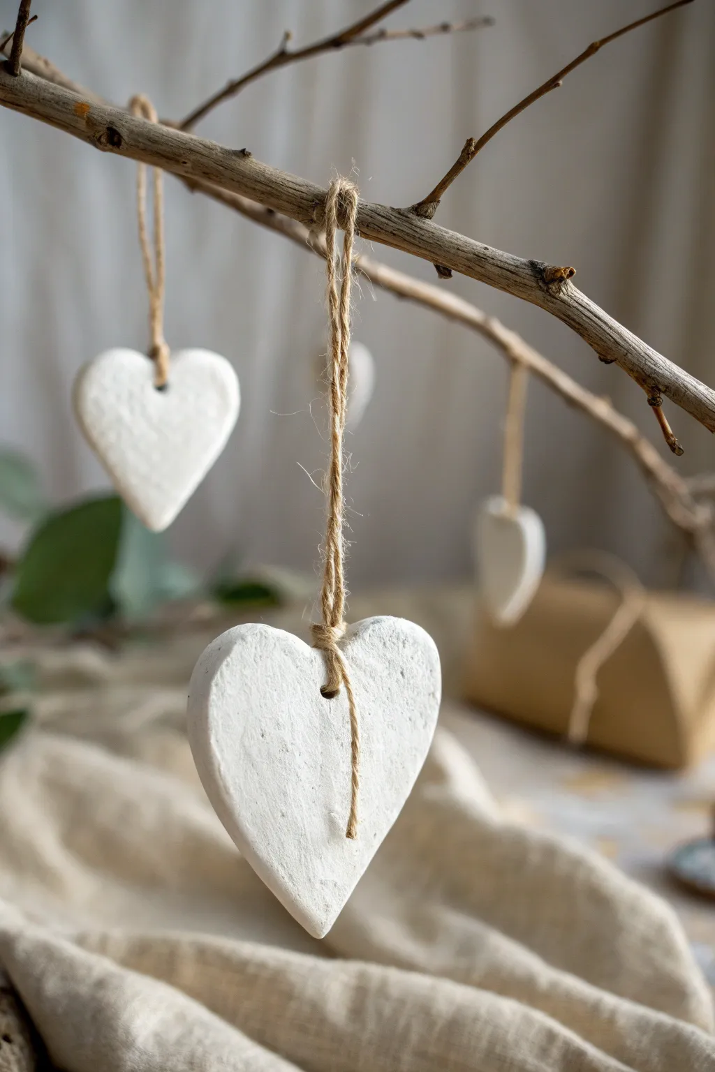Matte white air dry clay hearts on twine, a simple branch, and soft linen for cozy minimal charm