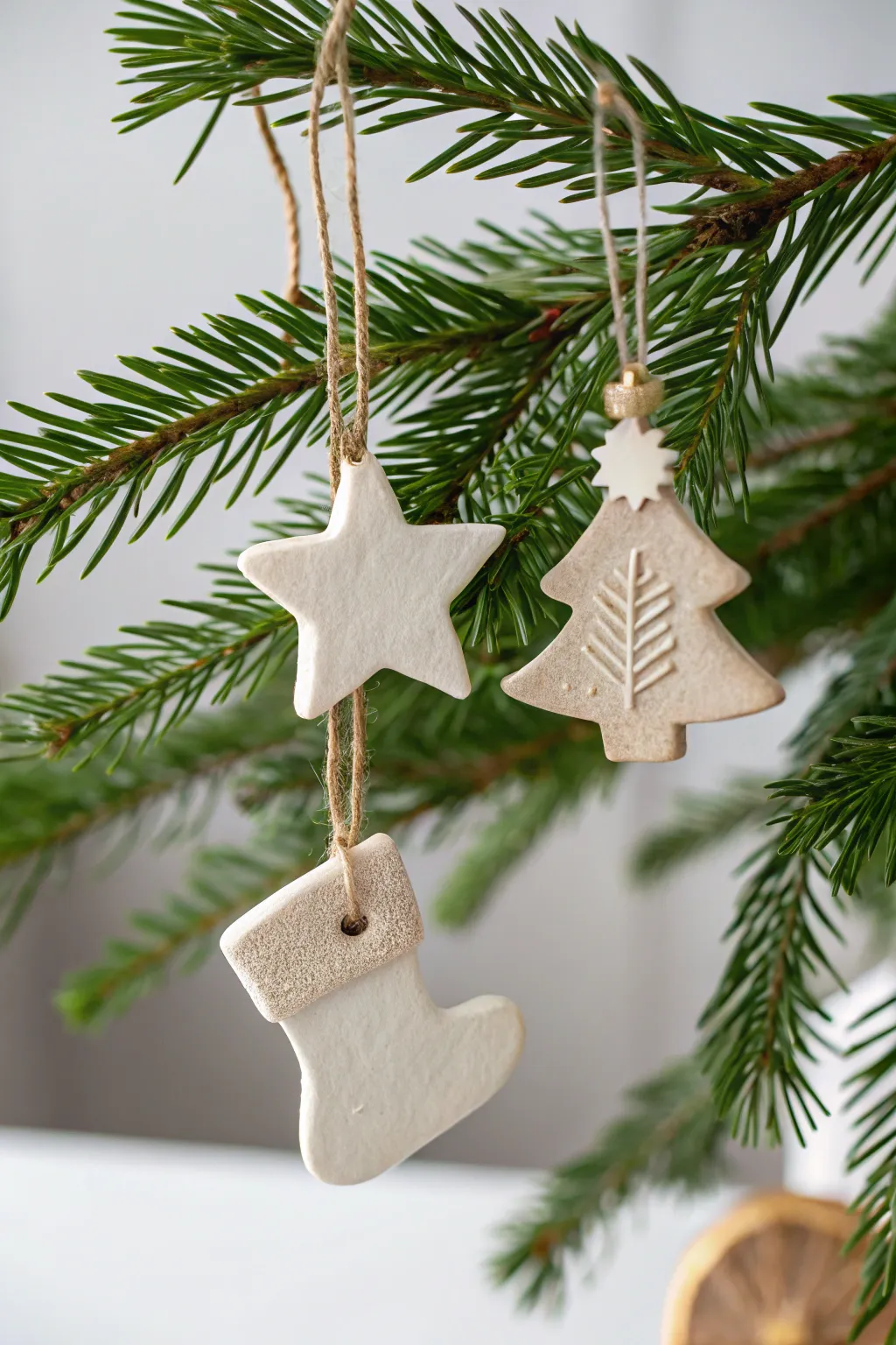 Classic air dry clay cutout ornaments in soft neutrals with gold accents on pine greenery