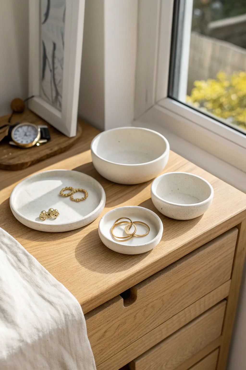 Minimalist air dry clay trinket dish set in matte white, styled for calm bedside decor