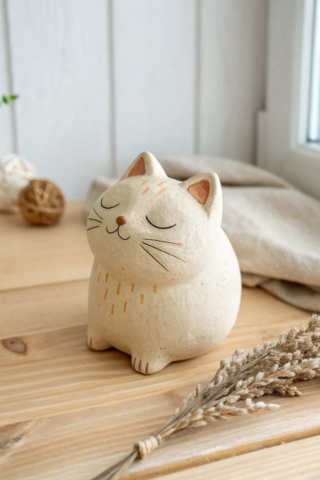 Chubby air-dry clay cat with tiny paws and sleepy eyes, styled in calm Nordic neutrals.