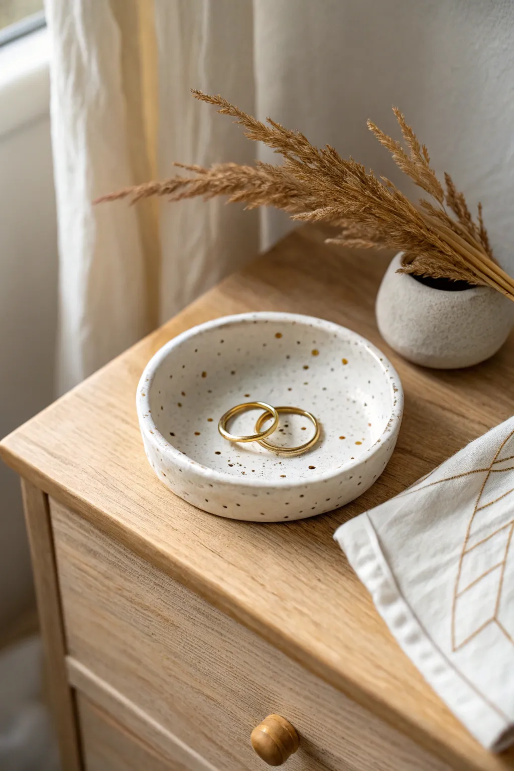 Minimal stamped air dry clay trinket dish with matte finish, styled with rings on a calm nightstand.