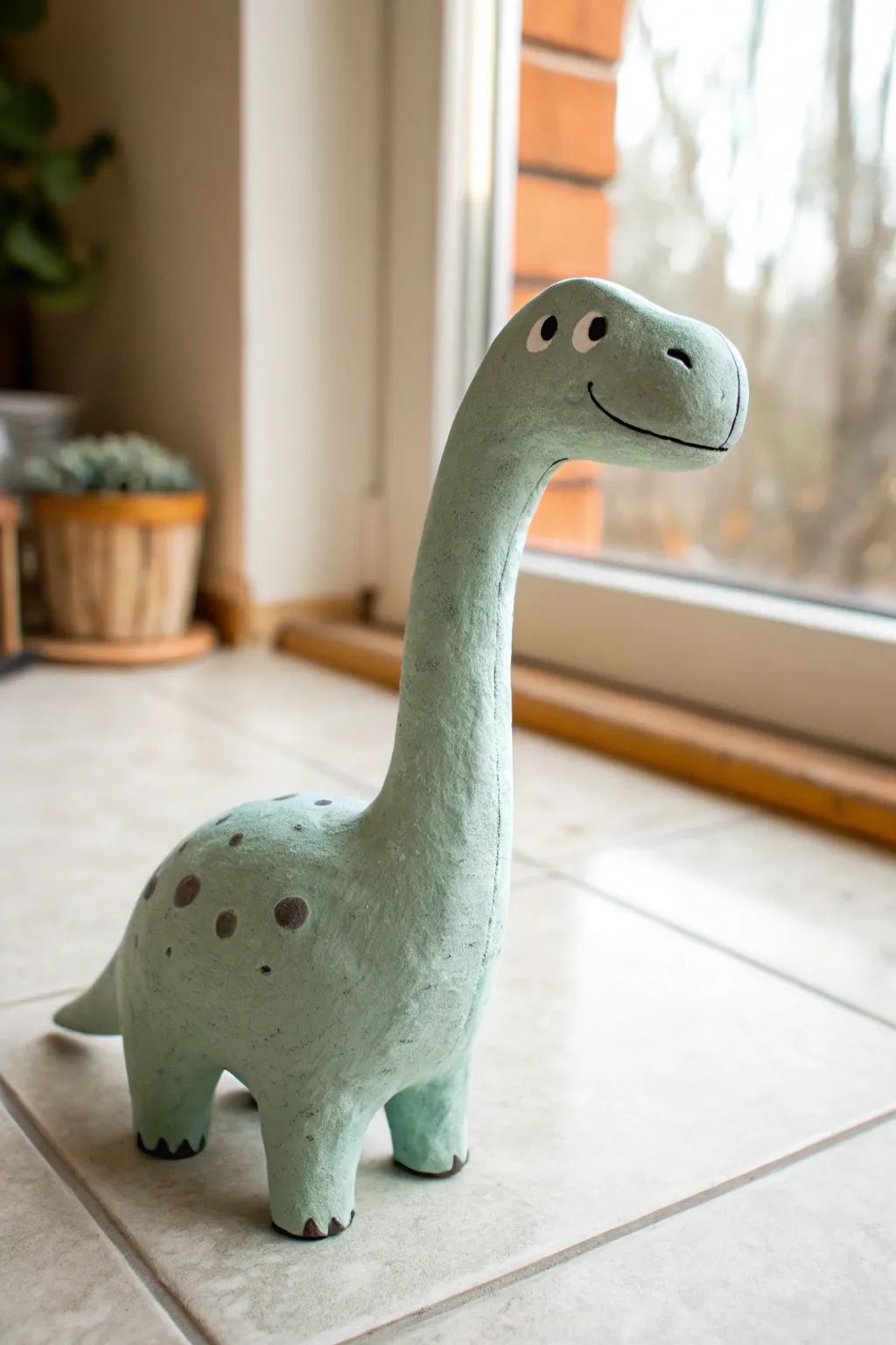 Cute chibi long-neck dino in pastel tones, a simple air-dry clay idea for cozy minimalist decor.