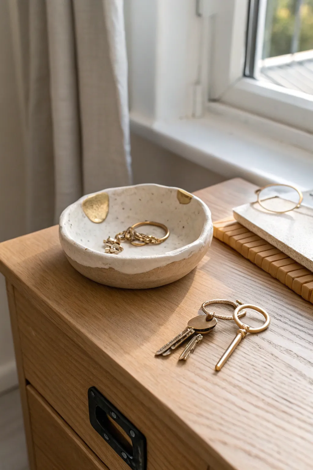 Minimal air dry clay trinket dish in warm neutrals, styled for rings, earrings, and keys.