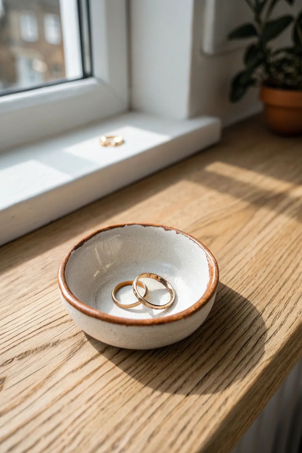 Beginner-friendly pinch-pot trinket dish with a crisp painted rim and soft matte white finish.