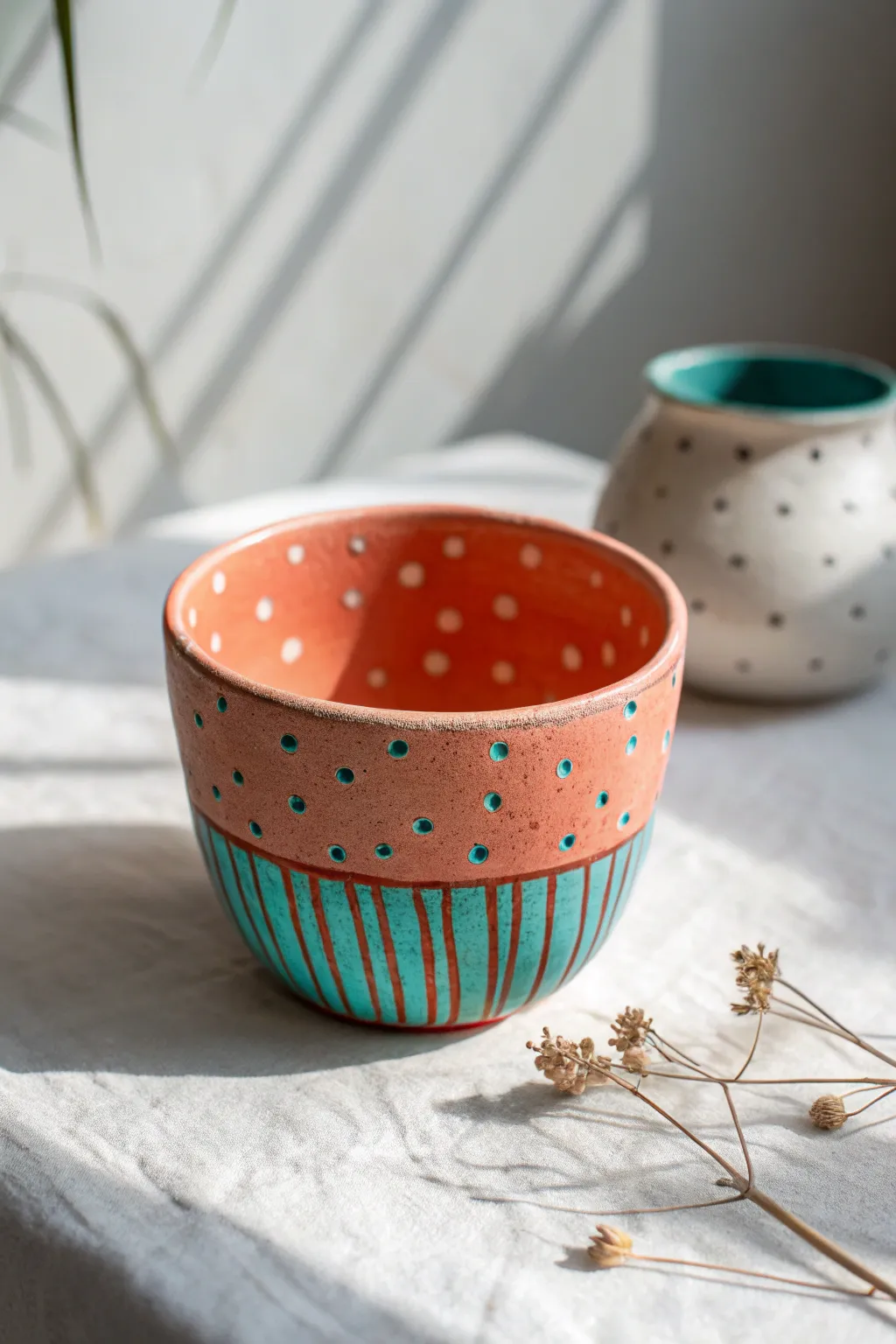 Classic pinch pot cup in bright dots and stripes, a simple kid-friendly air dry clay project